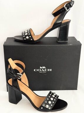 Coach Paige Studded Heels Black Leather Sandals 6.5 Block Heel NIB